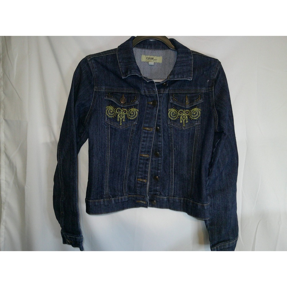 CLASH Jeans Women's Denim Jacket Embellished Medium‎ Blue Wash